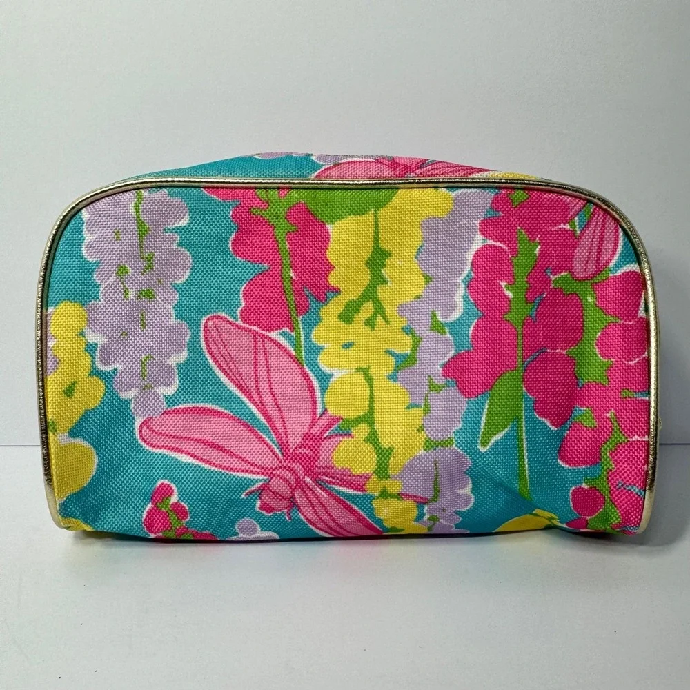 Lilly‎ Pulitzer for Estee Lauder Floral Dragonfly Makeup Bag Teal Pink Gold Trim